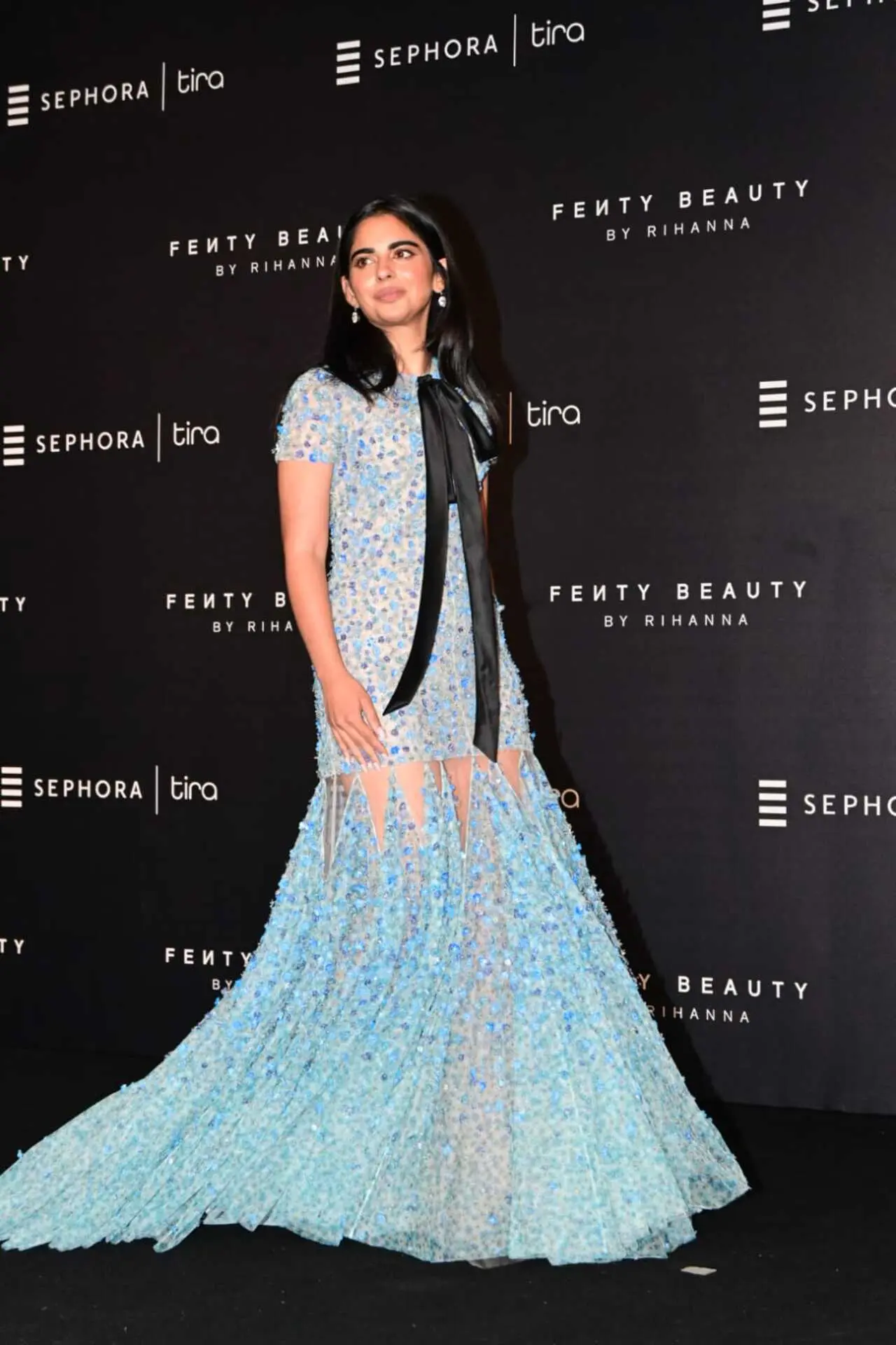 Isha Ambani arrived in a pastel blue embellished gown with intricate floral work, featuring shimmer detailing, sheer accents and a flowing trail.&nbsp;